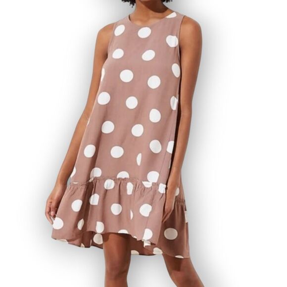 Loft Polka Dot Tie Back Swing Dress Brown White Desert Taupe Women’s Size Large - Picture 1 of 12